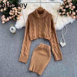 Women Autumn Winter Knitted Set Thick Casual Loose Turtleneck Sweater+High Waist Sexy Bodycon Skirt Two Piece Suits 211119