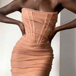 Women Sexy Designer Strapless Mesh Ruched Black Pink Bandage Dress Evening Celebrity Chic Party Vestido 210527