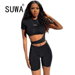 Black Suit Outfit Sexy Two Piece Set Women Deep O Crop Top and Mini Shorts Tracksuit Ruched Hollow Out Clubwear Sportsuit 210525