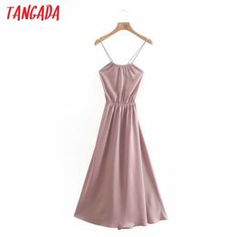 Summer Women Pink Satin Backless Lace Up Sexy Ladies Party Dress Vestidos XN332 210416