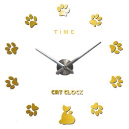 Cute Cat Paw Large Wall Clock Silent Oversize Kitchen Digital 3D DIY Acrylic Mirror Stickers Big Clocks Time Letter