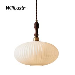 Creative Oval Glass Pendant Lamp Walnut Wood Copper Head Suspension Light Hotel Cafe Living Dining Bedroom Mouth-Blown Lighting