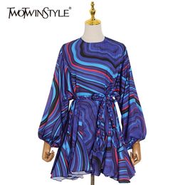 Print Elegant Colourful Women's Dress Puff Sleeve High Waist Belt Slim Dresses Female Spring Womens Clothes 210520