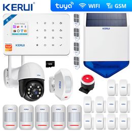 KERUI Tuya kit WIFI GSM SMS Home Burglar Security Alarm System Curtain Motion Sensor Wireless Solar Siren IP Camera