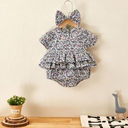 Flower born Baby Girl Rompers + Hair Band Summer Girls Clothing Ruffles Jumpsuit Playsuit 210429