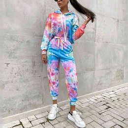Women Tie dye Suit Casual O-neck Long Sleeve Hoodies And Elestic Waist Long Pants 2Pieces Sets High Street Tracksuit Autumn 210412