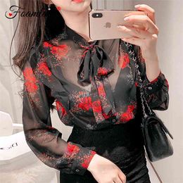 Korean Fashion Women Blouse Spring Summer Bowtie Neck Long Sleeve Floral Print Perspective Sexy Ladies Chiffon 210603