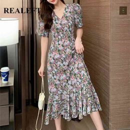 Summer Women's Vintage Floral Printed Chiffon Dress Long es V-Neck High Waist Mid-calf Female 210428