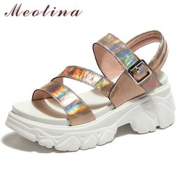 Meotina Shoes Women Genuine Leather Flat Sandals Buckle Flat Platform Shoes Female Summer Sneakers Sandals Ladies Golden Sliver 210608