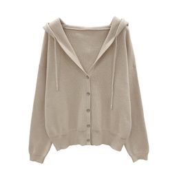 H.SA Spring Women Hooded Long Sleeve Button UP Casual Streetwear Female Knit Cardigans and Sweater Jacket 210417