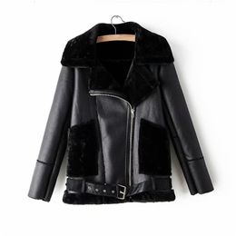 fashion women black PU leather-clad cool lady faux lamb wool fur jacket streetwear female sashes suits moto girls 210527