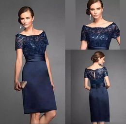 Navy Blue Short Sleeves Mother of the Bride Dresses Scoop Neck Lace Sequins Appliqued Formal Evening Gowns Wedding Guest Dress BC0299