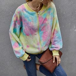 Winter Tie Dyed Plush Baseball Jacket Coats Women Casual Zipper Up Long Sleeve Warm Patchwork Pocket Faux Fur Loose Outwear 210526