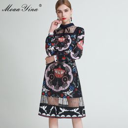 Fashion Designer dress Spring Women's Dress Long sleeve Print Gold Line Patchwork Mesh Black Elegant Dresses 210524