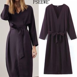Purple Chiffon Midi Woman Winter Dress Fashion Belt V Neck Elegant Long Women Chic Vintage Ladies es 210519