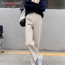 Aelegantmis Daily Simple Loose Women High Waist Woolen Straight Pants Elegant Korean Fashion Female Classic Button Wool Trousers 210607