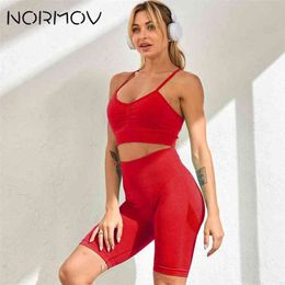 NORMOV 2PCS Seamless Yoga Sets Women Short Summer Sport Bra Fitness Clothing+High Waist Gym Shorts Leggings Workout Set 210813