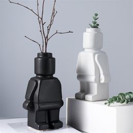 vases for table decorations UK - Artificial Flower,Vase,Home Room Decor,Table Decoration,Ceramic Whiteware Ornaments,Robot Sculpt Figurines,Europe Modern Style 210913