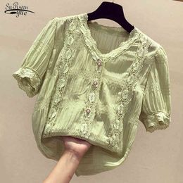 Korean Loose Thin Solid Colour Summer Tops Short Sleeve V-neck Lace Stitching Chiffon Blouse Women Chemisier Femme 9902 210427