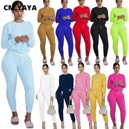 CM.YAYA Casual Sport Women Two Piece Set Tracksuit Long Sleeve Sweatshirt Tops Stacked Jogger Sweatpant Suit Outfit Matching 210930