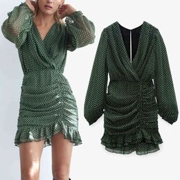 Woman Green Print Ruched Dress See Through Ruffle Mini Women Long Puff Sleeve Elegant Ladies Draped Short es 210430