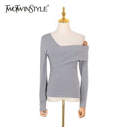 Off Shoulder Women's T-shirt Slim Long Sleeve Asymmetric Tops Female Korean Fashion Shirt Clothes Spring 210524