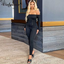 Colysmo Jumpsuit Women Black Sexy Off Shoulder Long Sleeve Tie up High Waist Bodycon Bodysuit Fall Female Overalls 210527