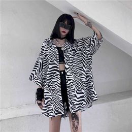 Zebra print shirt Korean summer retro five-point sleeves long large size women's short-sleeved student oversize blouse 210526