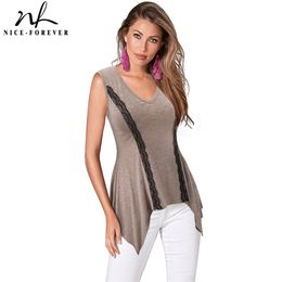 Nice-forever Summer Women Vintage Lace Patchwork T shirts Casual Sleeveless Tees Tops B385 210419