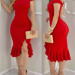 Women Fashion Elegant Sexy Plain Off Shoulder Ruffle Hem Slit Dress Solid Red Black Midi Dress Ruffles Sleeveless Party 210331