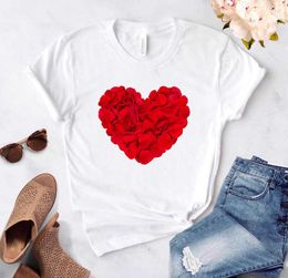 Women's T-shirt Heart Flower Print Women's Casual Summer T-shirt Basic O-neck White Short Sleeve Women's T-shirt Love Graphics X0628