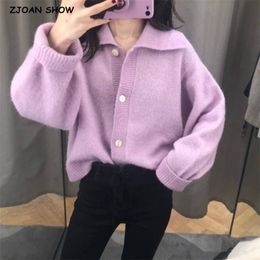 Macaron Purple Vintage Knitting Single Breasted Lapel Oversize Cardigan Kawaii Sweater Woman Loose Long Sleeve Jumper Knitwear 210429