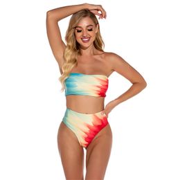 Tie Dye Bikini Sets Women Fashion Off Shoulder High Waist Swimsuit Bandage Print Beachwear Bikinis Feminina LR1210 210531