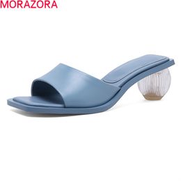 MORAZORA Summer Women Slippers Genuine Leather Party Shoes Transparent Med Heels Ladies Mules Shoes White Yellow 210506