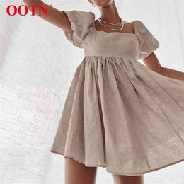 OOTN Vintage Casual Short Dress Summer Women Puff Sleeve A Line Dresses High Waist Square Collar Linen Ladies Dress Khaki 210409