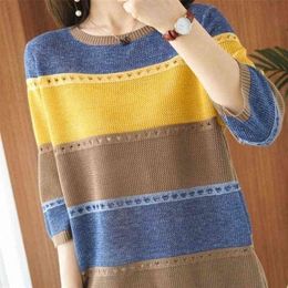 Colour hollow striped sweater women retro early autumn thin hedging casual Regular 210416