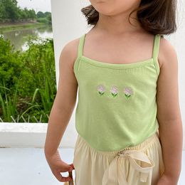 Verão Bebê Meninas Flor Bordado Cute Coletes Crianças All-Match Tops Listrado Alta Elastic Tees 210508