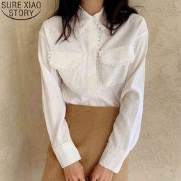 White Ladies Tops Blouses Cotton Appliques Design Spring Casual Women Shirt Turn Down Collar Pocket Long Sleeve Blusas 12714 210417