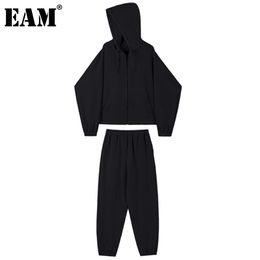 [EAM] Wide Leg Pants Casual Big Size Two Piece Suit Hooded Long Sleeve Black Loose Fit Women Fashion Spring Autumn 21512