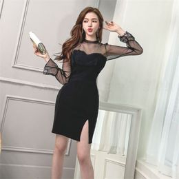 Spring and summer Korean fashion style elegant thin lace stitching slit horn sleeve sexy office party for women dress 210602