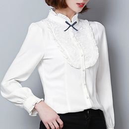 Womens Tops And Blouses Long Sleeve Blouse Women Stand Collar Lace Chiffon Blouse Women Tops White Blouse Blusa Feminina C598 210426