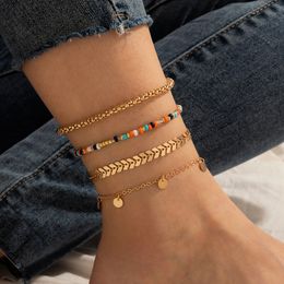 4pcs/set Colourful Bead Anklets for Women Charms Leaf Gold Wafer Alloy Metal Adjustable Foot Chain Bohemian Jewellery