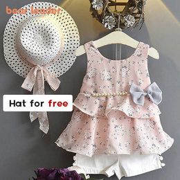 Bear Leader Set per bambini Abbigliamento per bambini Summer Bow Pearl Baby Chiffon Set con cappello 3 pezzi Vestito da bambina Set di vestiti per bambini 210708