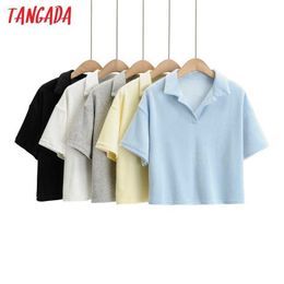 Tangada Women Sweet Fashion White Crop T Shirt Vintage Turn Down Collar Short Sleeve Female Top Tee 4P57 210609