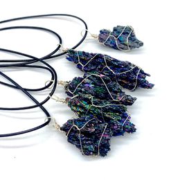 Colorful Irregular Natural Stone Silver Plated Pendant Necklaces With Rope Chain Party Club Jewelry For Women Men