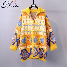 H.SA Women and Cardigans Long Sleeve Retro Vintage Jacquard Coat Sweater Warm Thick Knit Jacket 210417