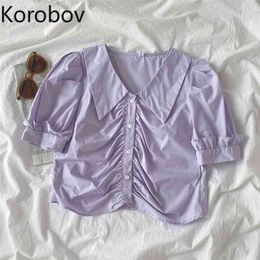 Korobov New Single Breasted Crop Shirts Preppy Style Sweet Puff Sleeve Turn-Down Collar Blouses Korean Chic Blusas Mujer 210430