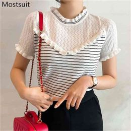 Summer Ruffles Striped Knitted Sweater Pullover Women Short Sleeve Stand Collar Hollow Out Tops Korean Elegant Ladies Jumpe 210513