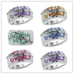 Wedding Rings Fashion Silver Colour White CZ Stone Ring Green Rhinestone Plum Tree Branch Leaves For Women Engagement Jewellery