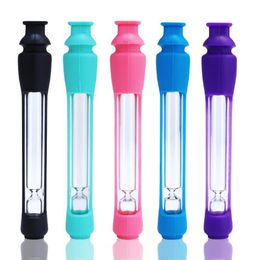 Colorful Cool Silicone Dry Herb Tobacco Smoking Glass One Hitter Filter Tester Test Cigarette Holder Mouthpiece Protect Skin High Quality Tips DHL Free